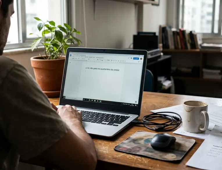 Candid shot of Content creation workspace, clean aesthetic, laptop open on a scratched wooden desk