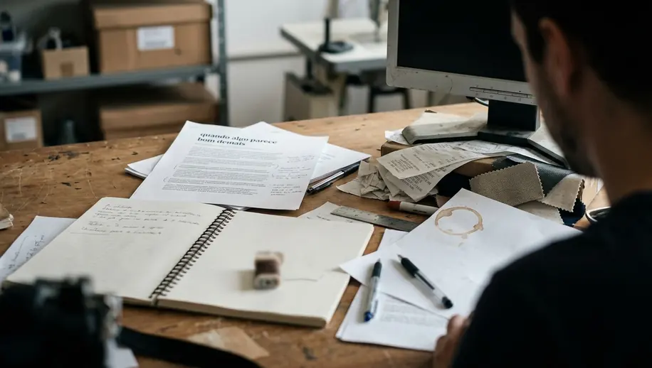 Field Editorial desk with notes and drafts scattered across surface