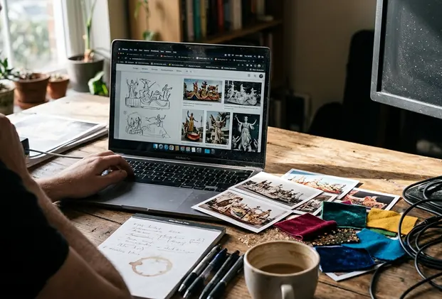 Field Content creation workspace, clean aesthetic with laptop open to browser tabs on Carnival sketches