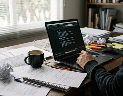 Observational Editorial desk with notes and drafts scattered across a wooden surface, laptop screen showing