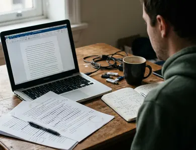 Documentary take on Editorial desk with notes and drafts