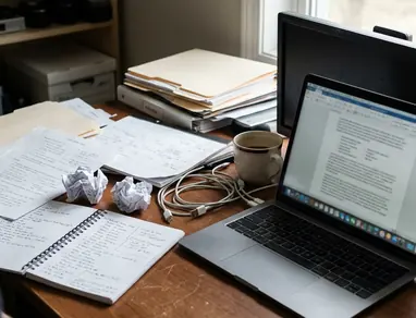 On-site Content creation workspace, clean aesthetic with visible authentic clutter: scattered printed notes on inventory